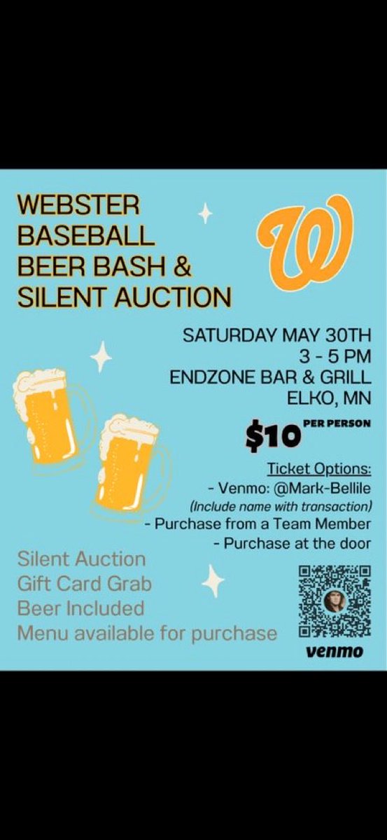 WebsterSox's tweet photo. Another reminder that our beer bash is this Saturday, May 30th from 3-5pm at Endzone Bar and Grill in Elko. Event details below.

We’re still accepting silent auction items and gift cards for those who are interested in helping out.

Shaping up to be a fun Saturday! https://t.co/dLPsT9Lpid