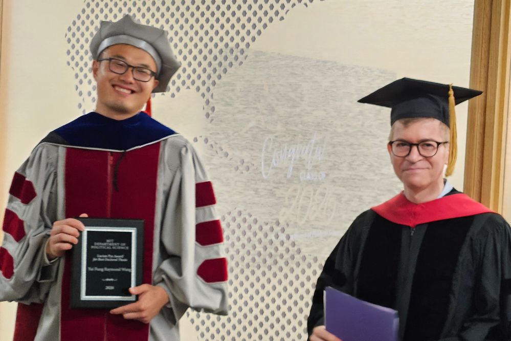 MITPoliSci's tweet photo. At today's commencement reception, Prof. David Singer presented the Lucian Pye Award for the Best Doctoral Thesis to Yui Fung Raymond Wang. 

Congratulations to all our graduates! 

#MIT2026 @MIT @MIT_SHASS @MIT_CIS @StudiesMit4226 https://t.co/Y8ovACagxw