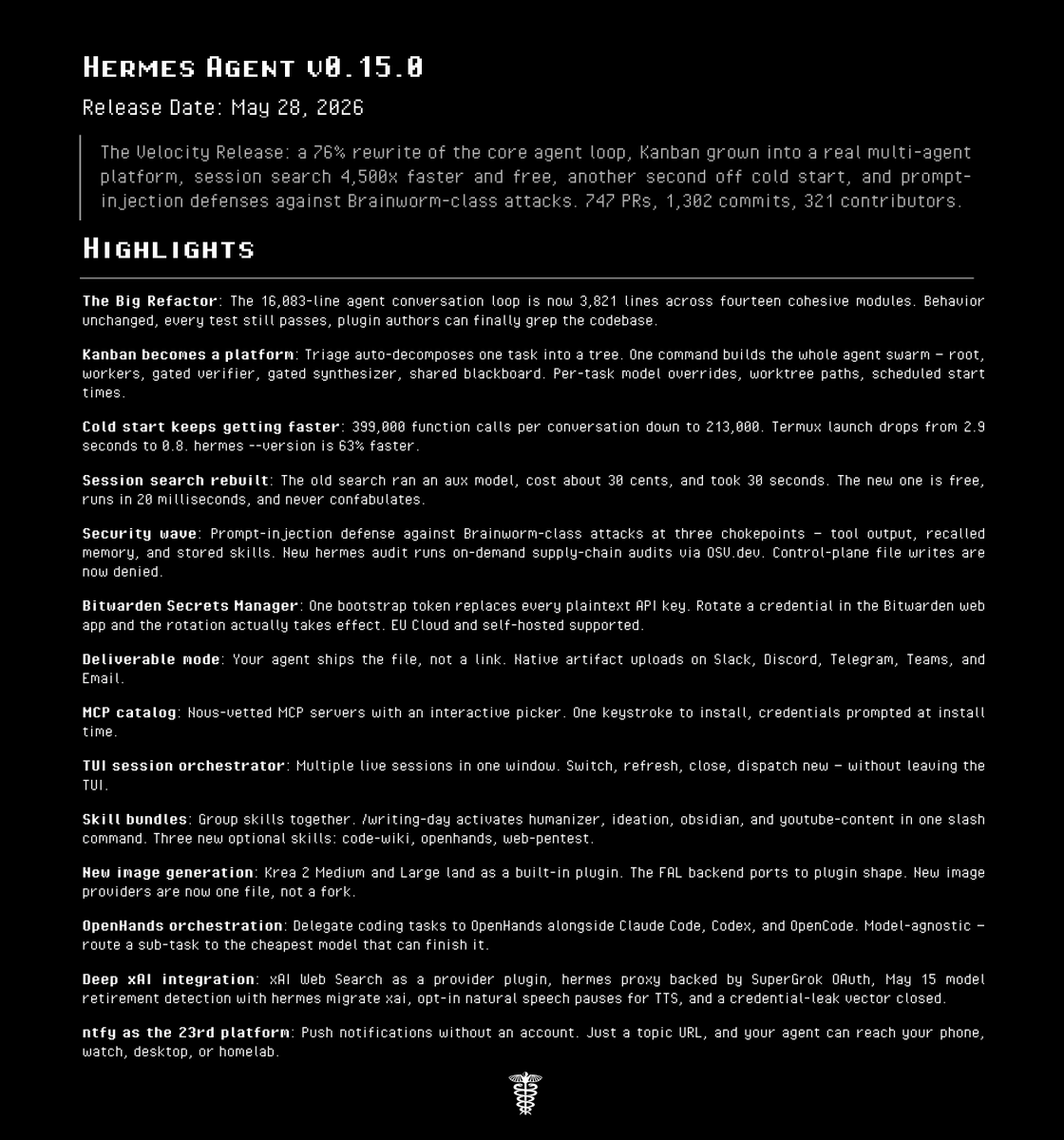 NousResearch's tweet photo. Full Release Notes:  https://t.co/rXtcgeVpen

To update, run: 'hermes update' https://t.co/UvqsnoBNoq