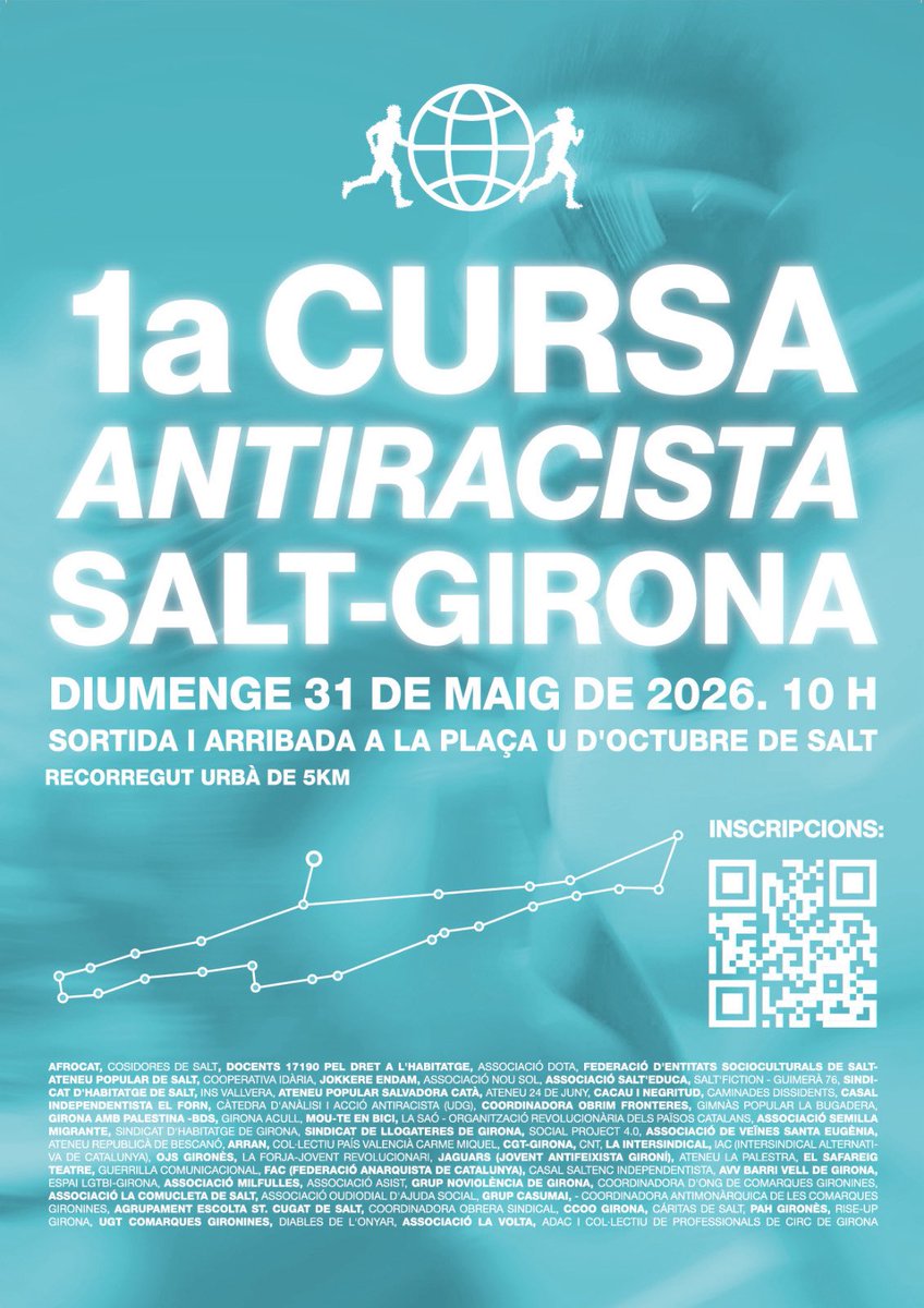 Ateneu24dejuny's tweet photo. 🏃🏾‍♂️🔥 Aquest diumenge, Salt i Girona corren contra el racisme.

💥 La 1a Cursa Antiracista omplirà els carrers de força col·lectiva, comunitat i diversitat.

✊🏽 Davant l’odi, barris units.

🔗 https://t.co/Pi7SmseNWw https://t.co/oZPls18Qex