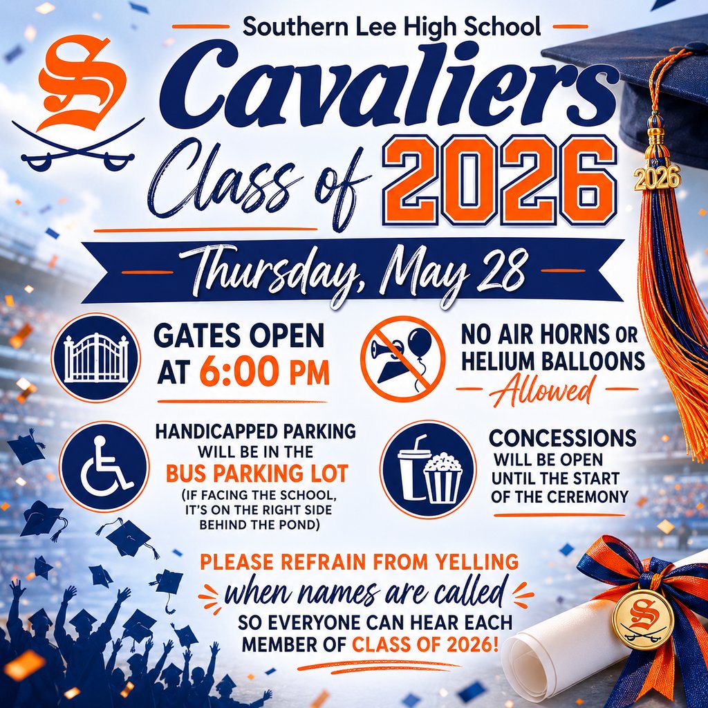 SoLeeHS's tweet photo. To help every family fully enjoy this special moment, please hold your applause and cheers until after each graduate’s name has been announced so all parents, guardians, and loved ones can clearly hear their graduate’s name as they receive their diploma. 🎓 https://t.co/8wZBdhUcVe