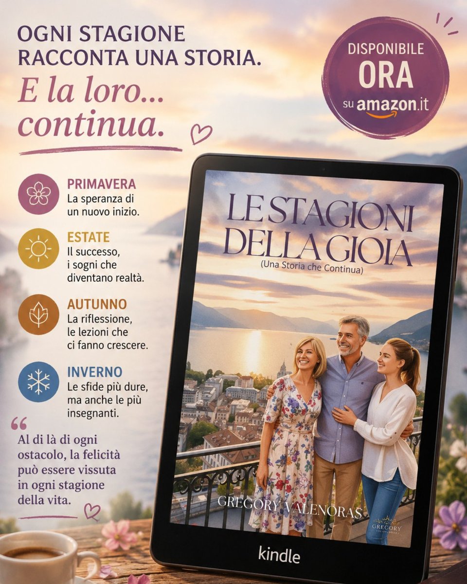valenoras's tweet photo. 📖Le Stagioni della Gioia (Una Storia che Continua)
✨ Ogni stagione della vita lascia un segno nel cuore.
🌸 La speranza della primavera.
☀️ I successi dell’estate.
🍂 Le riflessioni dell’autunno.
Disponibile ora in ebook su https://t.co/g1sLe7z3Gt 📚
#libri #kindleitalia https://t.co/OJQV25ERmL
