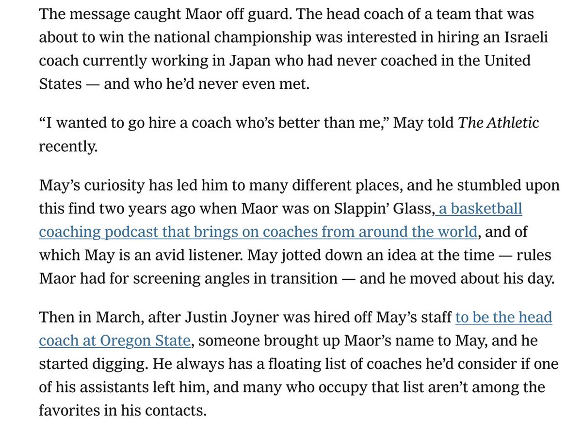 SlappinGlass's tweet photo. Appreciate the mention in The New York Times.

Dusty May referencing Coach Maor on Slappin’ Glass when he was with the NZ Breakers, and a detail on screening angles stuck with him.

A cool reminder of how far good coaching ideas can travel.

https://t.co/Wvo5FKmlK5

@CJMooreHoops https://t.co/1GcbD2Cimy