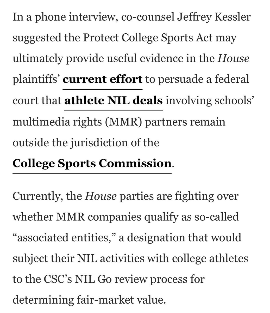 WinterSportsLaw's tweet photo. The Protect College Sports Act may unintentionally provide support for the House class counsel’s argument that MMR companies are not associated entities under the terms of the House settlement. https://t.co/P6c83ZNWbI