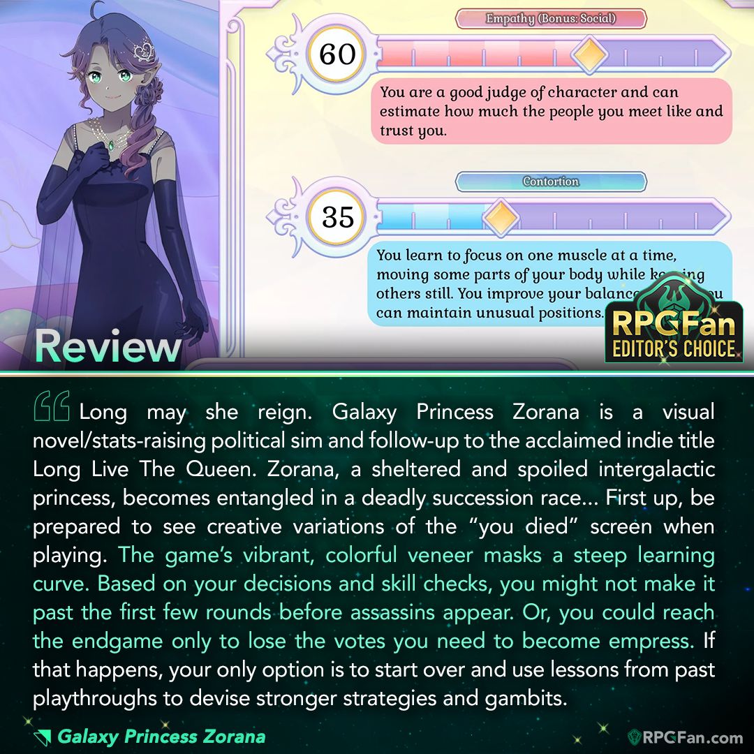 rpgfancom's tweet photo. Long live the queen! ...If she can get there. 👑  Galaxy Princess Zorana offers a compelling visual novel idea that's has less hunky-dory progression or immediate romance, but needing to put in the work to earn the votes!

Full Review: https://t.co/WJCIqVPyos https://t.co/uyY3GCaSUy
