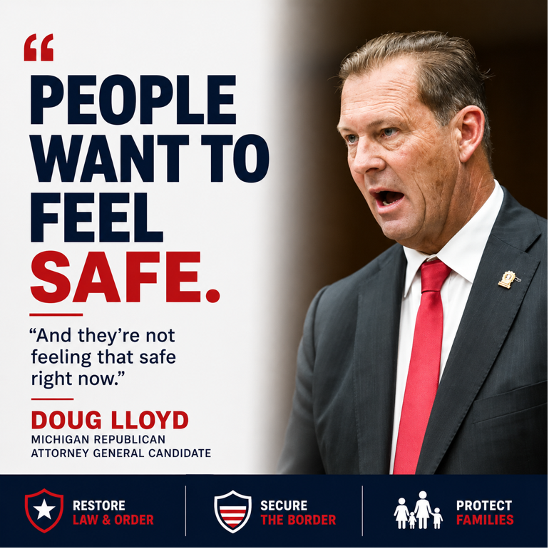 RAGAResponse's tweet photo. Michigan families deserve to feel safe again.

@DougLloyd4ag is running for Attorney General to restore law &amp; order, support law enforcement, and protect Michigan communities. https://t.co/7hENa9UKF8