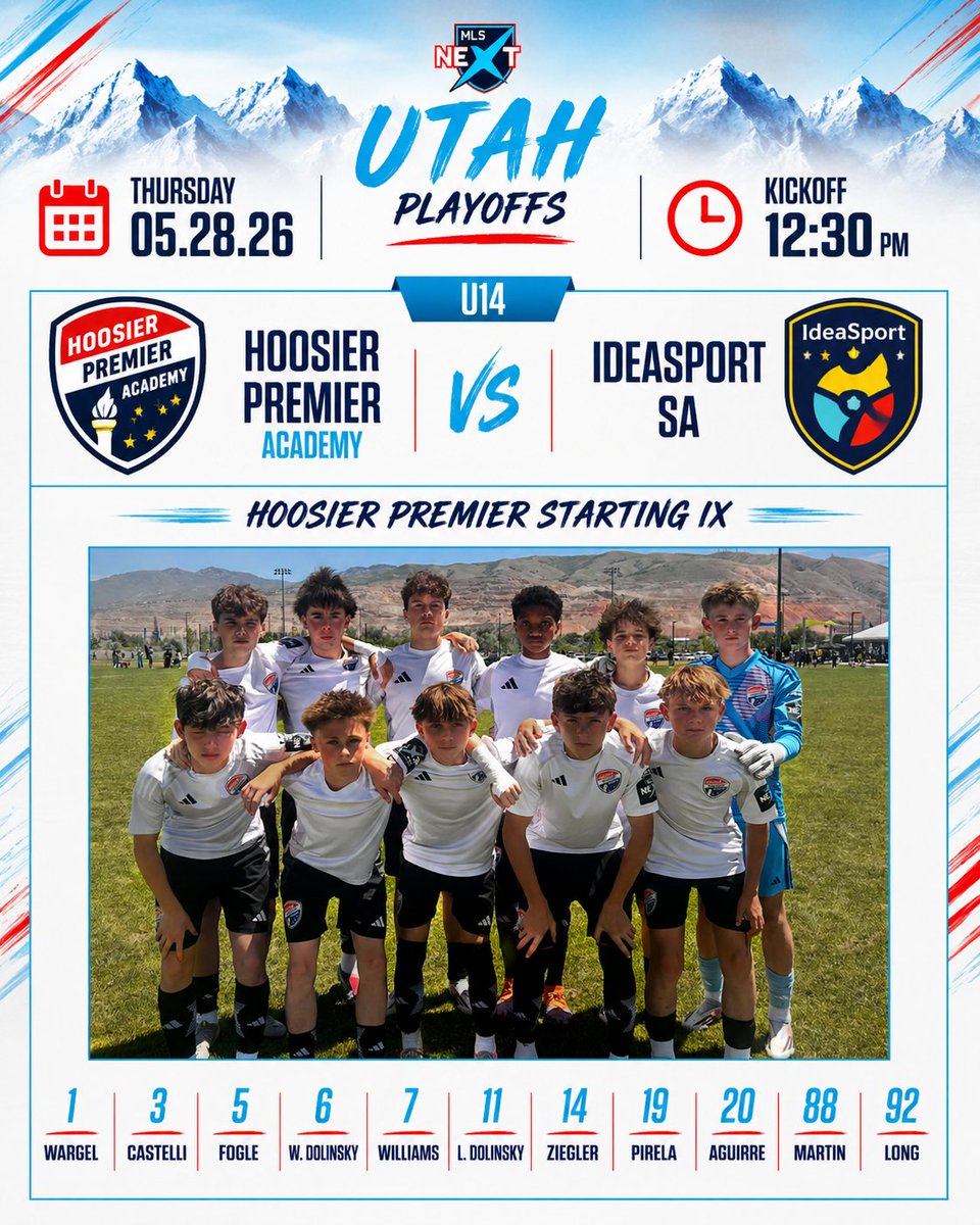 HoosierPremier's tweet photo. 🔵 STARTING XI 🔵

The lineup is set and we're underway in Utah.

🏔️ MLS NEXT Playoffs
🆚 IdeaSport SA
⏰ 12:30 PM Kickoff
📍 Salt Lake Regional Athletic Complex

Good luck to our U14s as they represent Hoosier Premier Academy on the national stage. Time to compete. 👊⚽ https://t.co/ecrX9bNYAW