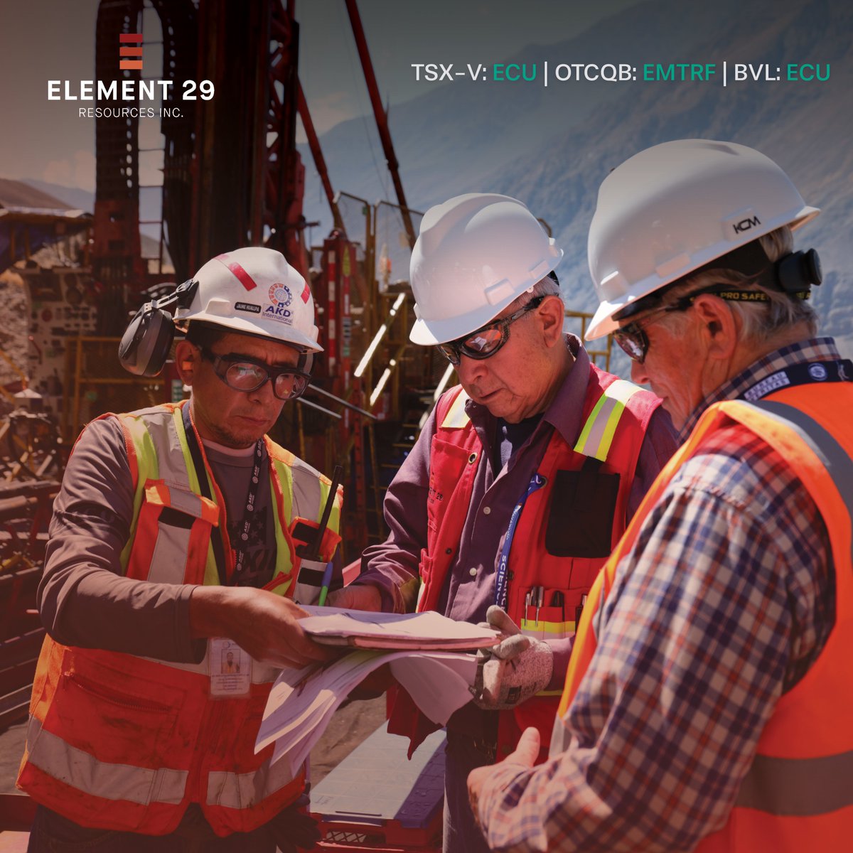 CopperE29's tweet photo. On Site at Element 29's Elida Copper Project in Peru

Following the close of a $35.4M financing, senior management welcomed new shareholders on site including Alex Gubbins, Chair of Alpayana S.A.C. (now a 9.9% holder of ECU), a large, private, polymetallic mining company with assets in Peru and Mexico. New shareholder, Randy Smallwood was also in attendance with Company Co-Founder and long-time financier, David Elliott of Haywood Securities rounding out the group.

With drilling ongoing and additional assays pending, stay tuned for more updates as exploration continues.

Read more about Elida: https://t.co/7BnCNS4C53

TSXV: $ECU | OTCQB: $EMTRF | BVL: $ECU

#Elidaproject #copperexploration #Element29 #copper #mining #coppermining #peru #perumining #peruassets #exploration #sustainability