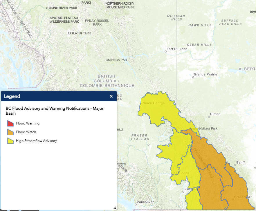 EmergencyInfoBC's tweet photo. The #BC River Forecast Centre has issued a Flood Watch for:
• Upper Columbia area including #Revelstoke & #GoldenBC,
• West Kootenay including tributaries around Trout Lake, Lardeau River, #Kaslo, #Nakusp, #NelsonBC, & surrounding areas,
• East Kootenay including tributaries around Fairmont Hotsprings, #Elkford, #KimberleyBC & surrounding areas.

A High Streamflow Advisory has been issued for:
• Upper Fraser – East, including the Fraser River & tributaries from #PrinceGeorge to #McBride & Red Pass,
• North & South Thompson Rivers, including tributaries around #ClearwaterBC, Blue River, Malakwa, #Sicamous & surrounding areas,
• Boundary including headwater tributaries on the Granby River & surrounding areas.

Stay clear of fast-flowing rivers & potentially unstable riverbanks.

More info: https://t.co/W87tVOtUlp #BCFlood