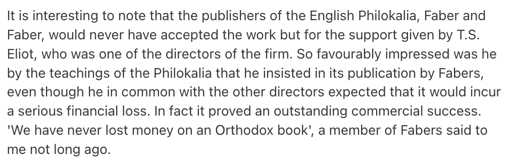 HappyThurifer's tweet photo. Quick question: Why was The Philokalia—that classic of Orthodox spirituality published with Faber and Faber?

The short answer is… T.S. Eliot. Another win for Orthodox and Anglo-Catholic cooperation!

The long answer from Metropolitan Kalistos Ware of blessed memory: https://t.co/4iy1x0jgIi