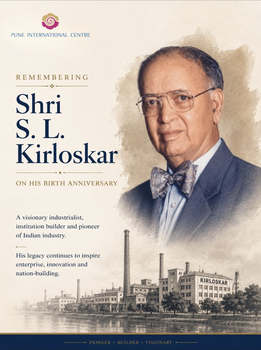 PuneIntCentre's tweet photo. Remembering Shri S. L. Kirloskar on his birth anniversary.

A visionary industrialist and institution builder, his contributions played a significant role in shaping India’s industrial growth and entrepreneurial spirit. His legacy continues to remain deeply connected with Pune’s journey as a centre of industry, innovation, and enterprise.

His work continues to inspire generations of entrepreneurs and changemakers.