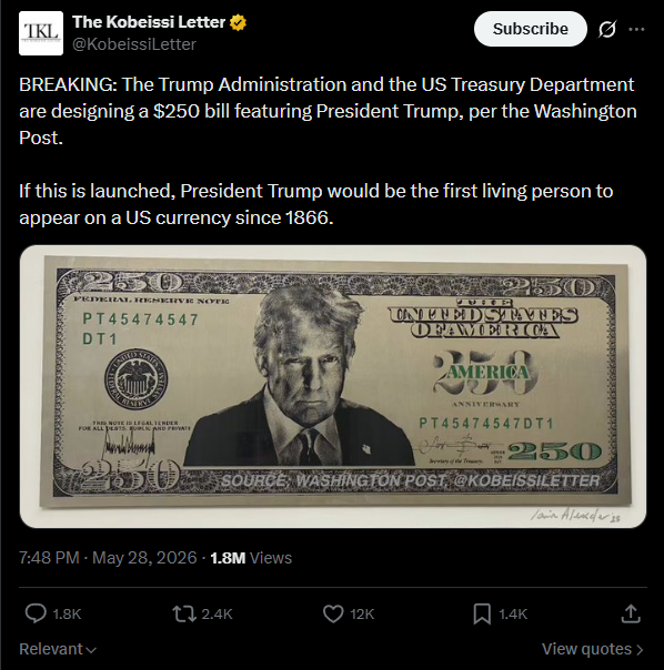 stitchdegen's tweet photo. Why $250 is pumping ? 

1 : The narrative behind $250 is extremely simple and easy to go viral

“Trump wants a $250 bill with his face on it for America’s 250th anniversary ”

The moment people hear it, both normies and CT instantly understand the story. Simple narratives like this spread insanely fast online because they don’t require deep explanations like AI or tech narratives

2 : The narrative is already starting to get mainstream media attention

Especially after the recent Washington Post article 

Once major media outlets begin talking about a meme narrative, attention usually accelerates fast because :

- people outside crypto start noticing it
- political pages begin reposting it
- CT starts farming engagement
- TikTok and social media become much easier to viralize

3 : Political memes are always one of the strongest metas, especially when Trump is involved

Almost anything related to Trump can instantly generate :

- controversy
- memes
- viral clips
- massive engagement

So if Trump mentions this idea again even one more time, attention could explode further

4 : What makes this narrative even stronger is the legal controversy around it

US law since 1866 bans living people from appearing on paper currency, so many people are debating whether this could actually happen

But in memecoins, controversy often creates even more attention

5 : The narrative also has a relatively long timeline because it’s tied to America’s 250th anniversary in 2026

That makes many people believe there could still be :
- more headlines
- more news coverage
- more political attention
- more memes and viral content

At the end of the day, memecoins don’t pump because of utility

They pump because of attention

And right now, $250 has almost everything needed to generate massive attention

BUG9jJ6MZcxbXaDVqq199HvWafMSP4pYHVFrZfLmpump