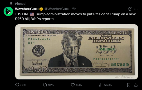 stitchdegen's tweet photo. Why $250 is pumping ? 

1 : The narrative behind $250 is extremely simple and easy to go viral

“Trump wants a $250 bill with his face on it for America’s 250th anniversary ”

The moment people hear it, both normies and CT instantly understand the story. Simple narratives like this spread insanely fast online because they don’t require deep explanations like AI or tech narratives

2 : The narrative is already starting to get mainstream media attention

Especially after the recent Washington Post article 

Once major media outlets begin talking about a meme narrative, attention usually accelerates fast because :

- people outside crypto start noticing it
- political pages begin reposting it
- CT starts farming engagement
- TikTok and social media become much easier to viralize

3 : Political memes are always one of the strongest metas, especially when Trump is involved

Almost anything related to Trump can instantly generate :

- controversy
- memes
- viral clips
- massive engagement

So if Trump mentions this idea again even one more time, attention could explode further

4 : What makes this narrative even stronger is the legal controversy around it

US law since 1866 bans living people from appearing on paper currency, so many people are debating whether this could actually happen

But in memecoins, controversy often creates even more attention

5 : The narrative also has a relatively long timeline because it’s tied to America’s 250th anniversary in 2026

That makes many people believe there could still be :
- more headlines
- more news coverage
- more political attention
- more memes and viral content

At the end of the day, memecoins don’t pump because of utility

They pump because of attention

And right now, $250 has almost everything needed to generate massive attention

BUG9jJ6MZcxbXaDVqq199HvWafMSP4pYHVFrZfLmpump