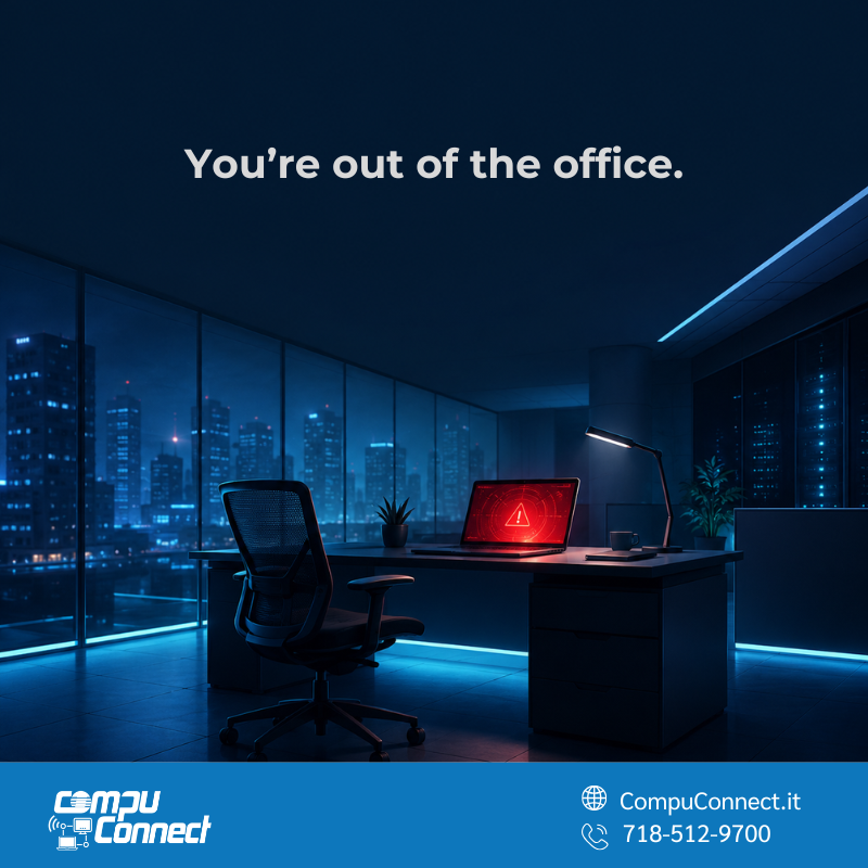 CompuConnectNYC's tweet photo. You leave for the weekend, but your business doesn’t. 
 
And neither do the people trying to break into it. 
 
The risk doesn’t stop after hours, but it does grow. 
 
👉 Here’s what most businesses miss when going into long weekends:  
https://t.co/Z2yk1FqaYb https://t.co/b9lDF5kxwO