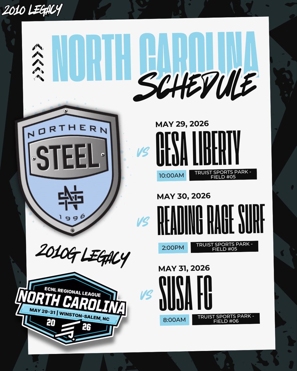 NorthernSteel_'s tweet photo. Game schedules are set for 2009G Phoenix, 2010G Legacy, and 2011G Blue at this weekend’s @ECNLgirls RL North Carolina Showcase ⚽️

Check out the graphics for each team’s matchups and game times as our girls compete this weekend in Bermuda Run, NC. 👏🔥

#NorthernSteel #ECNLRL https://t.co/lQ3aC4ra9R