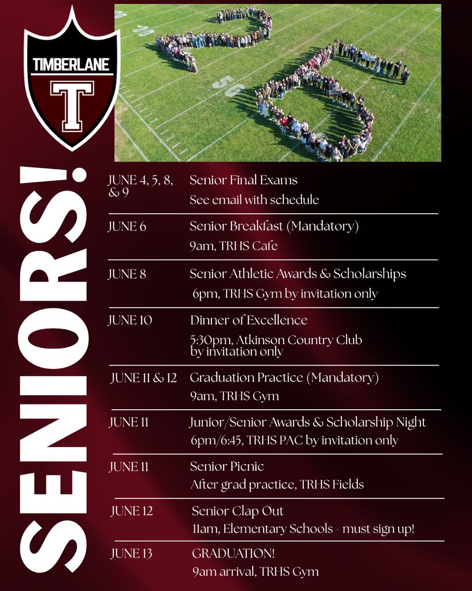 TimberlaneHS's tweet photo. (Edited to reflect correction in image)
Attention Seniors! You have been asking for a one pager of the end of year events. Make sure you check your email for detailed information! https://t.co/MUVKkaKh28