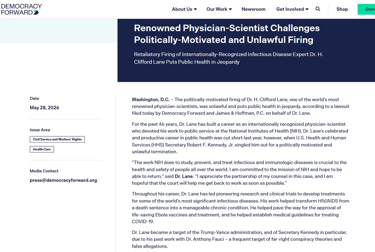 greg_folkers's tweet photo. Democracy Forward: Renowned Physician-Scientist Challenges Politically-Motivated and Unlawful Firing

 Lawsuit: Retaliatory Firing of Dr. H. Clifford Lane

https://t.co/XIL1bbnk7x  
@DemocracyFwd 
NIAID @NIH https://t.co/lzyJaaIp0p