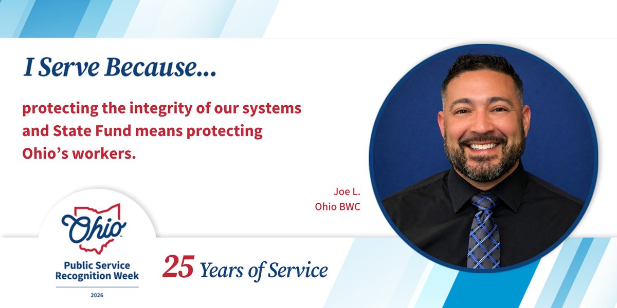 OhioBWC's tweet photo. "I serve because protecting the integrity of our systems and State Fund means protecting Ohio’s workers." Congratulations to Joe L. on 25 years of public service! https://t.co/FIEXPs1UwA