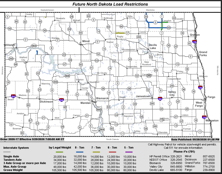 NDPermits's tweet photo. New map posted by NDDOT going into effect Friday at 7am. Please wait to purchase permits until after 715 CST. To avoid ton mile fees in those areas affected. https://t.co/rG1cjZQ2ax