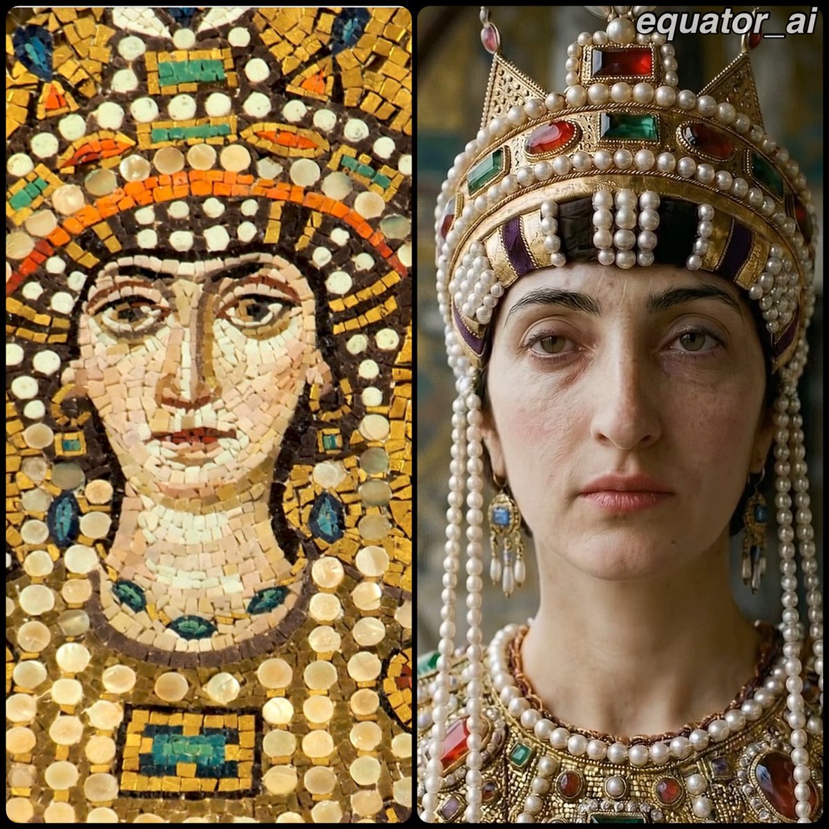 RomeInTheEast's tweet photo. A mosaic of the famous 6th century Empress Theodora, wife of Justinian, and an AI reconstruction of her. https://t.co/FPKLIwJlAT