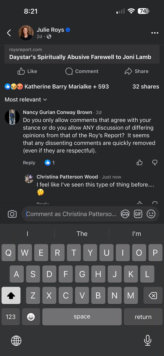 CPLimitless's tweet photo. @MikeWingerii @Joel7Richardson This is what got it started….his wife making this comment on a post by Julie Roys… https://t.co/B8QfgYA27b
