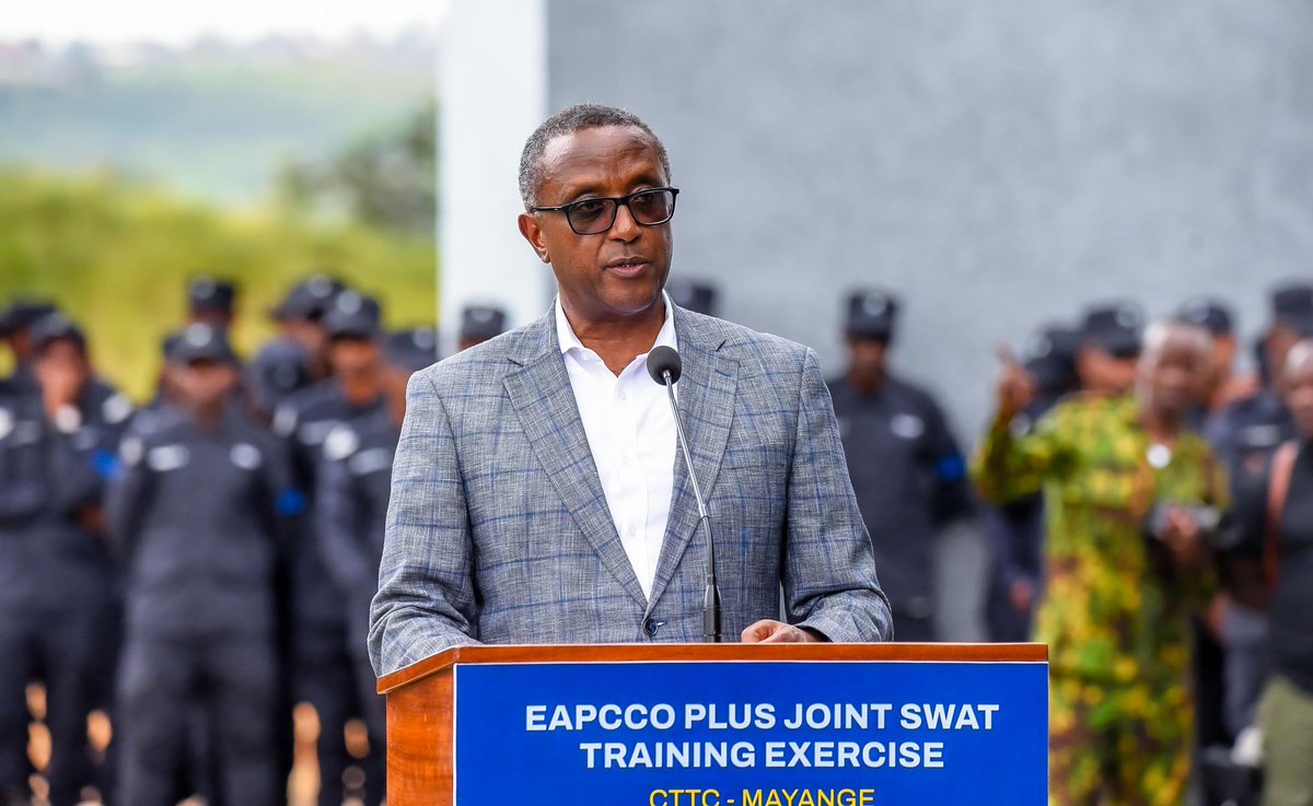 PoliceUg's tweet photo. The closing ceremony was presided over by Rwanda’s Minister of Interior, Dr. Vincent Biruta, who commended the Joint SWAT Training Exercise for strengthening regional security cooperation, coordination, and trust among security agencies across the region.

He observed that emerging security threats such as terrorism, organized crime, and cybercrime require highly trained and well-coordinated forces, calling for continued collaboration, partnerships, and capacity-building to enhance sustainable peace and stability.

The event was attended by the Inspector General of Police of Rwanda, alongside other Inspectors General of Police from EAPCCO member countries, heads of delegations, and senior security officials.
