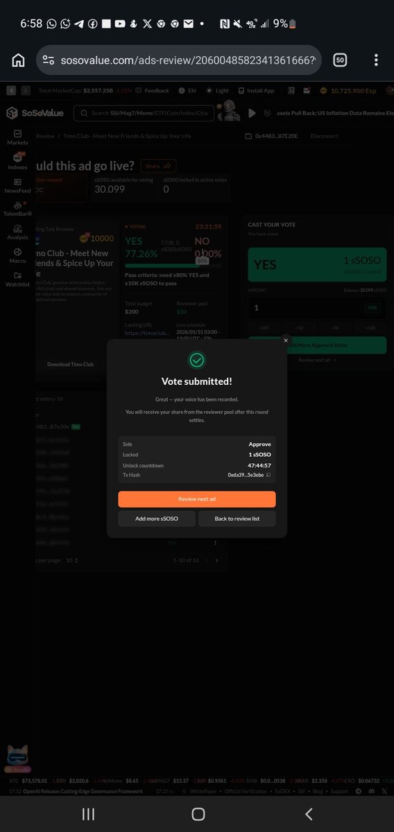 StarcityDirect's tweet photo. The grind never stops, and positioning is very important.

I just secured the 120% “So-Whale Legend” Real-User Verification on @SoSoValueCrypto and locked in the 20% EXP Bonus Boost ahead of most users. If your RUV is still at 0%, the system may flag your account as a bot, so make sure you get verified before the Season 2 snapshot drops.

But that’s not the only update today... (1/2)

(2/2) @SoSoValueCrypto has now launched the EXP Ads Review feature.

You can now earn USDC by reviewing and voting on ads on the platform. I already used my $sSOSO vote to secure my share from the reviewer pool.

You can now improve your RUV score for the main airdrop while also earning active USDC rewards as you wait.

StarCity family, no slacking. Let’s maximize these rewards together. What’s your current RUV %?

#SoSoValue #Web3 #CryptoTrader #Airdrop #EarnUSDC
