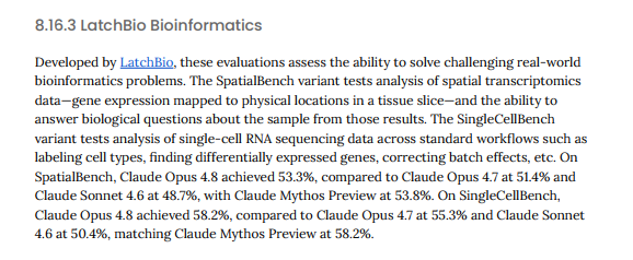 kenbwork's tweet photo. Biology is the next agentic frontier after coding.  Anthropic is aggressively improving their models on routine data analysis with careful attention to nuances of different assay types. Opus 4.8 is noticeably better at single cell / spatial analysis. We have already rolled it out to customers across pharma and academia. Cool to see our benchmarks on the system card.