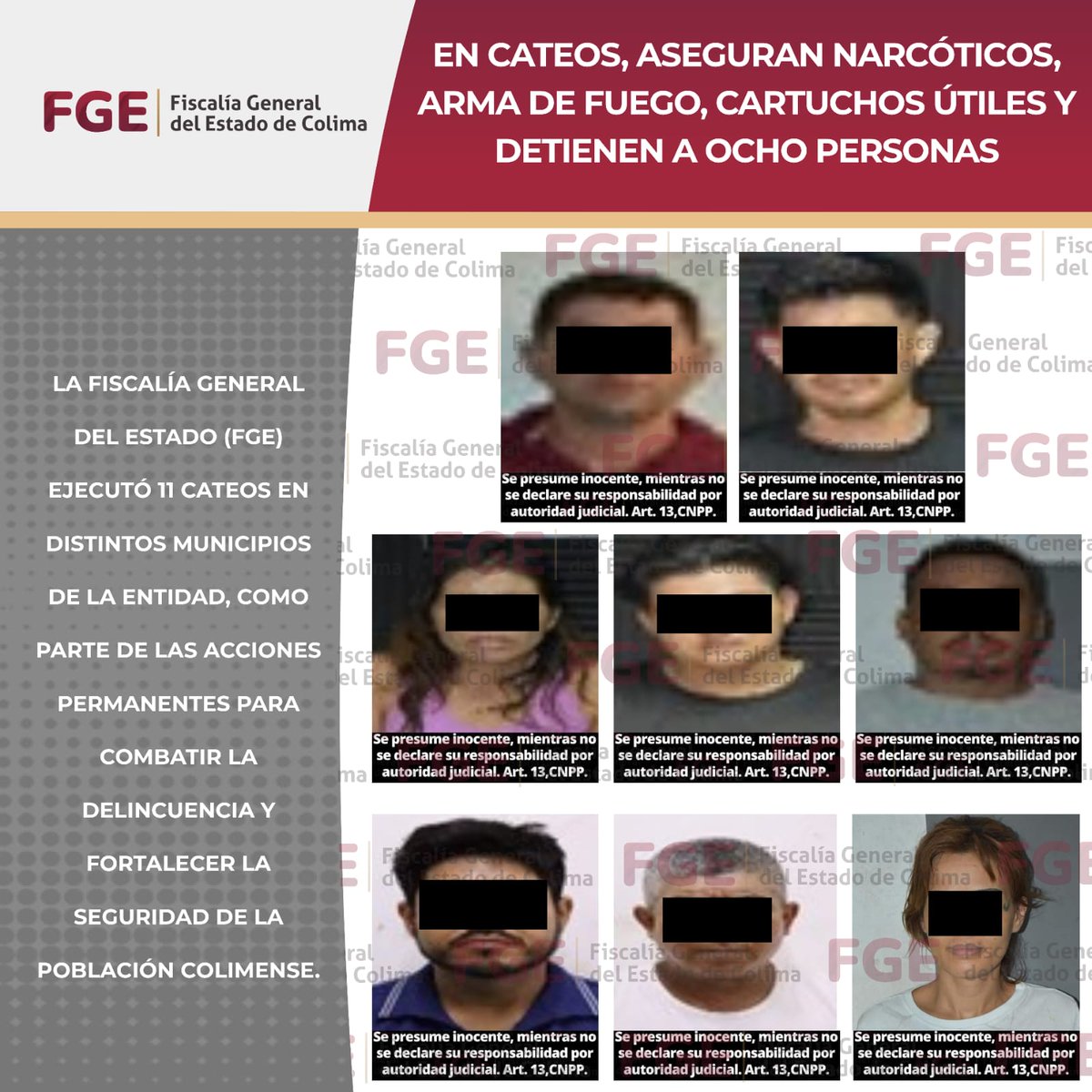FiscaliaColima's tweet photo. En cateos, aseguran narcóticos, arma de fuego,
cartuchos útiles y detienen a ocho personas

+ Los operativos se llevaron a cabo en los municipios de Colima, Villa de Álvarez, Coquimatlán, Tecomán y Manzanillo

Más información en: https://t.co/baExcln0Fh https://t.co/s10Tzg3ByK