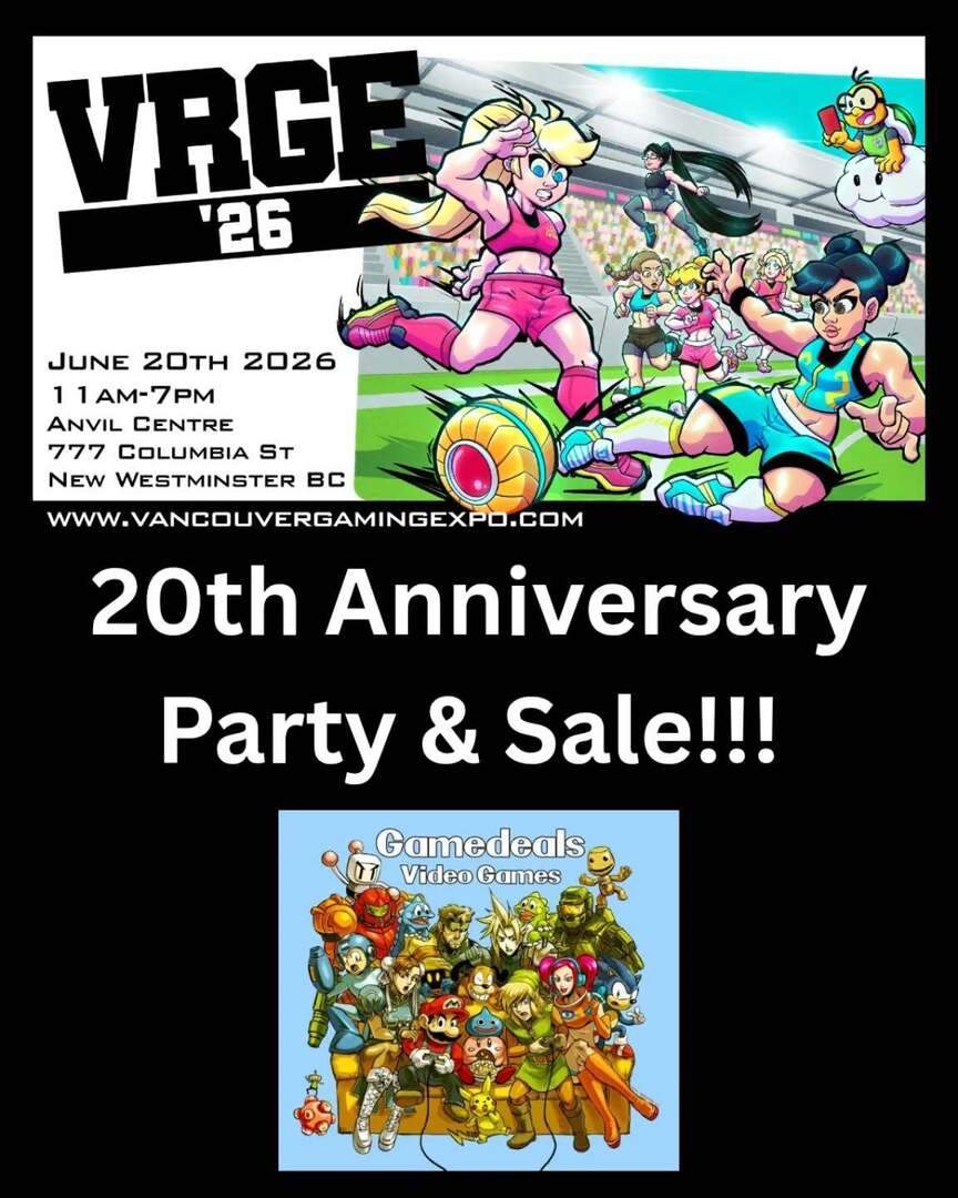 VanRetroGaming's tweet photo. Our largest sponsor @gamedealsvideogames is celebrating their 20th Anniversary this weekend (Fri-Mon) with 20% off everything, snacks, special guests, spin-the-wheel social promo &amp; more. #gamedeals20 #vrge2026 #shoplocal https://t.co/BsoXWw9DDm