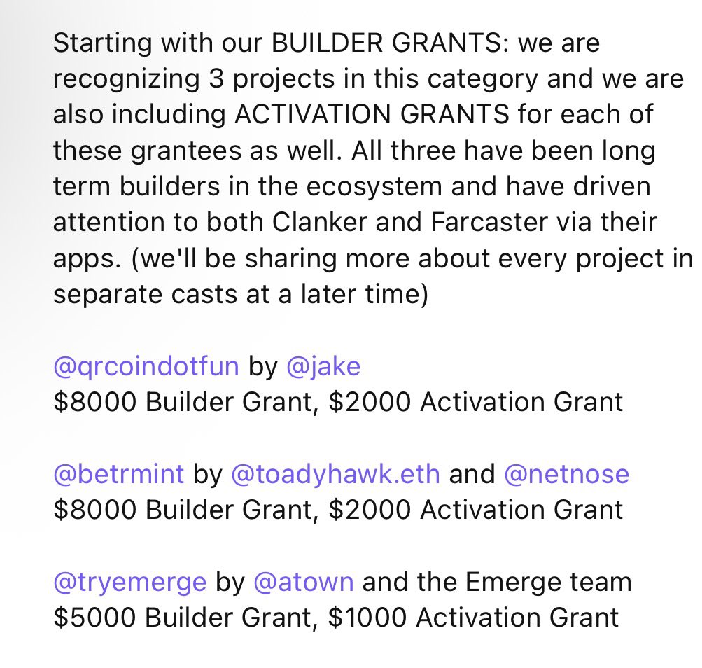 toady_hawk's tweet photo. Extremely honored and excited to announce that @betrmint has been selected to receive $10,000 in grants from the inaugural funding round of the @clanker_world Ecosystem Fund (CEF), enabled by @rish_neynar and stewarded by @ProfWerder and @age_shulman. 

We were awarded both an $8,000 Builder Grant and a $2,000 Activation Grant.

It’s not always easy to keep your head down and continue building through the ups and downs of this space, so this recognition feels incredibly validating for @netnose and I regarding the impact BETRMINT and its community have had across the Farcaster ecosystem.

This funding gives us additional runway to keep iterating, experimenting, and improving the app for our community, all while making @farcaster_xyz and @base a BETR place for creators and founders alike.

We already have some pretty fun ideas brewing for the Activation Grant too, which should help bring even more art to the timeline this summer, so stay tuned! 👀

Winning together is $BETR… Clank! Clank!