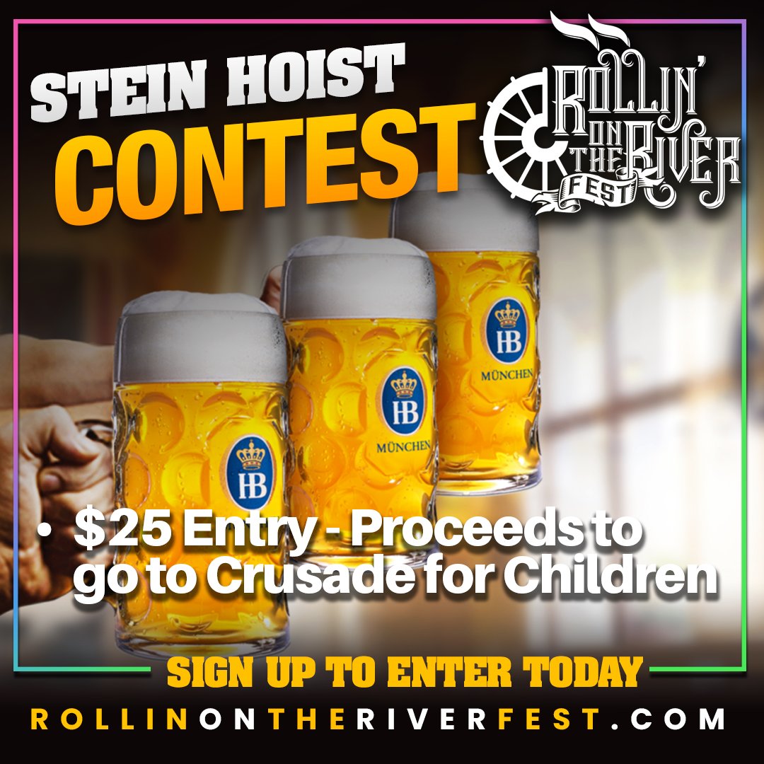 rollinriverfest's tweet photo. A new and fun element to Rollin' on the River Fest is the Hofbrau Stein Hoisting competition.  Your $25 entry fee gets you into the competition, with 100% of the proceeds going to the WHAS Crusade for Children.  You also get to keep the stein after the competition.  
#WHASCrusade https://t.co/bhpr4NRG8Q