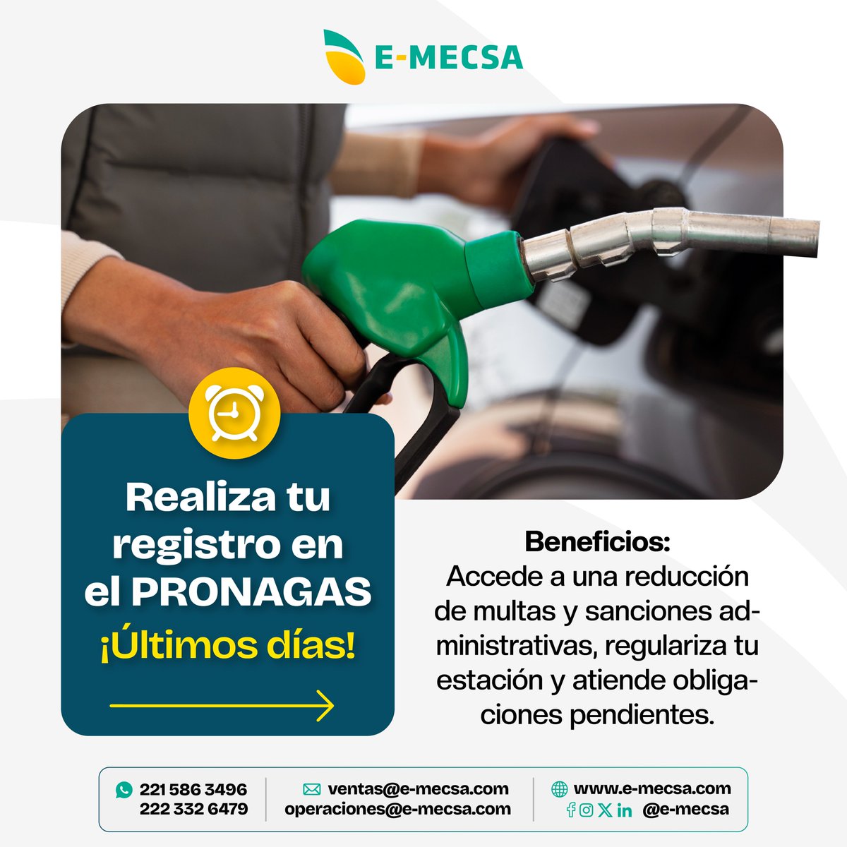 e_mecsa's tweet photo. ⏰ Últimos días para registrar tu instalación en el PRONAGAS
Estaciones de servicio, instalaciones de Gas LP y plantas de distribución deben cumplir.
Plazo final: 30 de mayo

En E-MECSA te apoyamos en todo el proceso de cumplimiento normativo y ambiental. https://t.co/iv8iQteph4