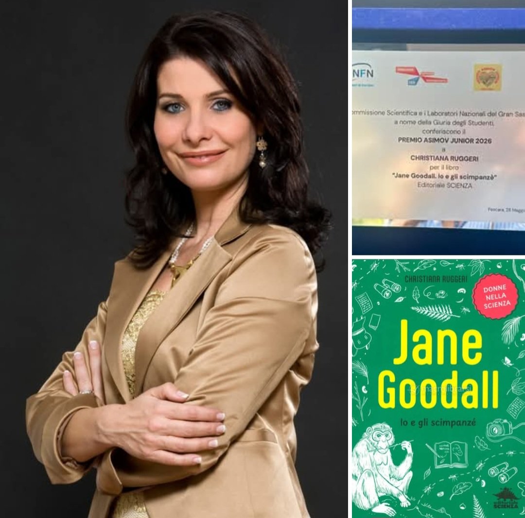 BernardiniLisa's tweet photo. Complimenti a @chruggeriTg2
Soddisfazione  oggi 28 maggio per Christiana Ruggeri, giornalista del TG2, che ha ricevuto a Pescara  il Premio Asimov Junior per la sua opera biografica dedicata a Jane Goodall: “Jane Goodall, io e gli scimpanzé” (Editoriale Scienza). https://t.co/uDHzwgDlcv