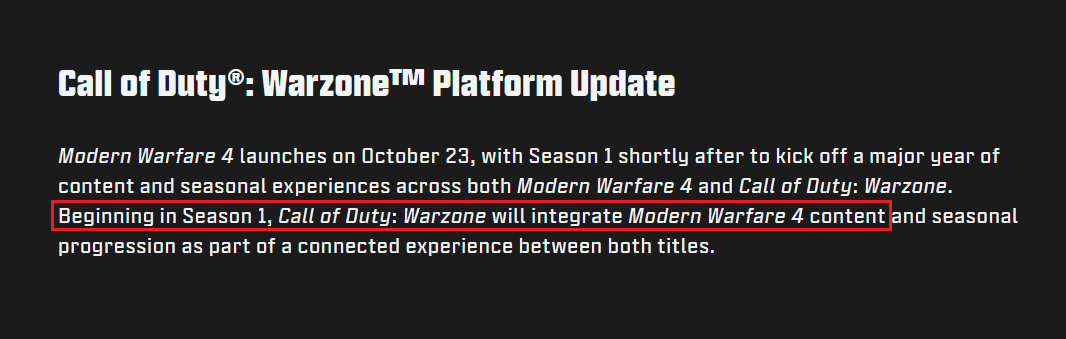 jamcowl's tweet photo. This wording sounds like MW4 will just integrate into Warzone, rather than reset things like WZ2 did.

WZ will def move to the new MW4 client and will feel like MW4, but I wonder if skins/emotes/weapons from the previous 4 titles will carry forward? Surely not? https://t.co/e8uMFJKwh9