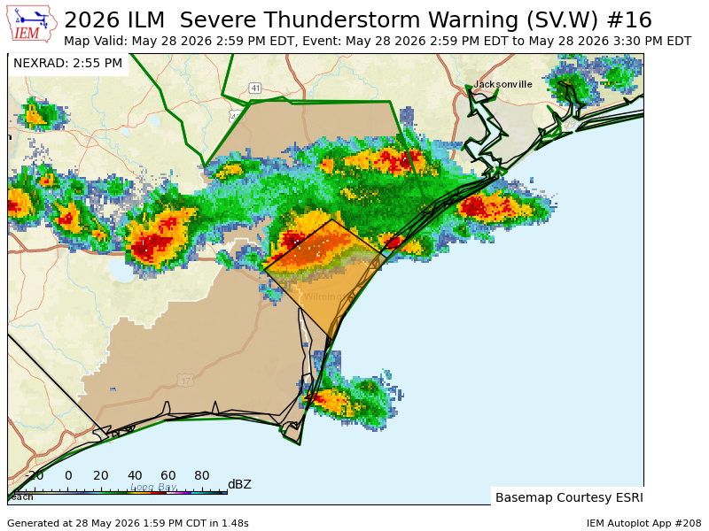 wxbrad's tweet photo. ILM issues Severe Thunderstorm Warning [wind: 60 MPH (OBSERVED), hail: <.75 IN (RADAR INDICATED)] for Brunswick, New Hanover, Pender [NC] till 3:30 PM EDT https://t.co/EJksp331Hh https://t.co/ftbdv6sCL7
