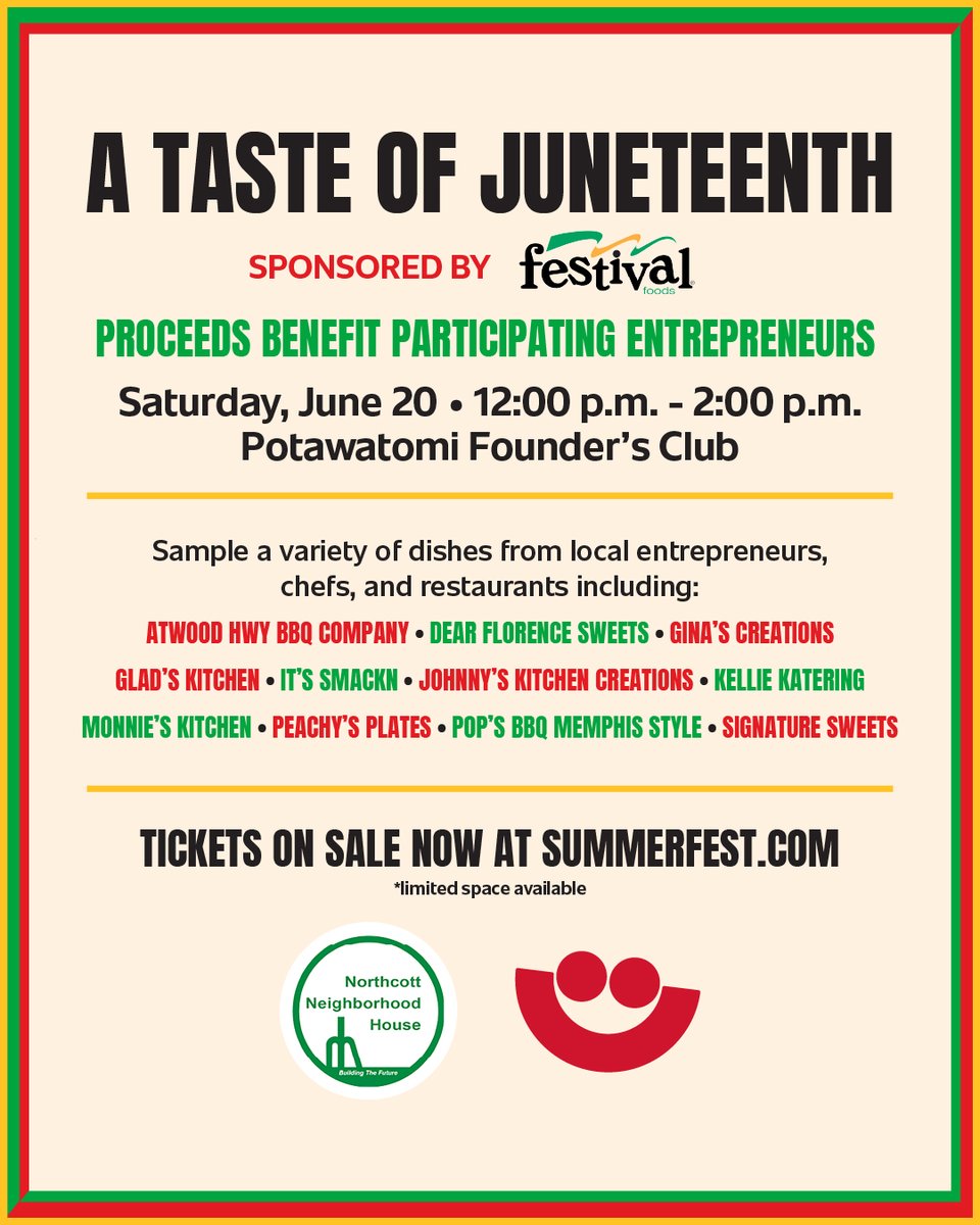 Summerfest's tweet photo. Experience "A Taste of Juneteenth" during Summerfest this year!🎉

👉 A curated culinary experience featuring local chefs &amp; vendors, sponsored by Festival Foods. Proceeds support participating vendors and tickets include same-day GA to the festival.

https://t.co/rMoTRbRGFT https://t.co/t4HW1kYbXi