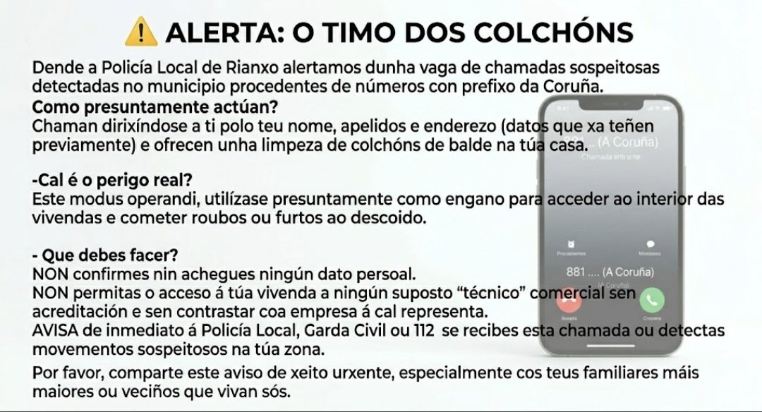 PLRianxo's tweet photo. ⚠️ Alertamos sobre chamadas nas que supostos “técnicos” ofrecen servizos de limpeza de colchóns a domicilio.
🚫 Non facilites datos. 🚫 Non permitas o acceso á vivenda sen verificar. 📞 Se sospeitas, contacta coa Policía.
👉 Rogamos difusión, especialmente entre persoas maiores. https://t.co/tcdlGm9zzo