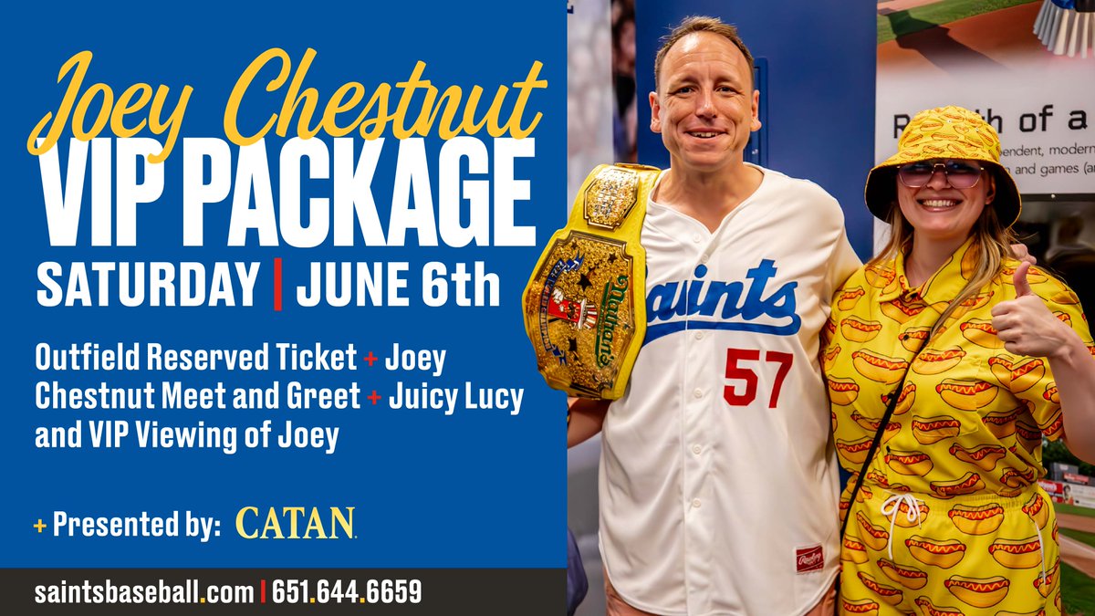 StPaulSaints's tweet photo. Joey Chestnut is coming back to CHS Field on June 6!

Front row seats, a meet &amp; greet, and your own Smash O’Lucy challenge? Yeah, this VIP package is gonna go fast.

🎟️: https://t.co/CZImpDPWGn https://t.co/zpzkB8pktD