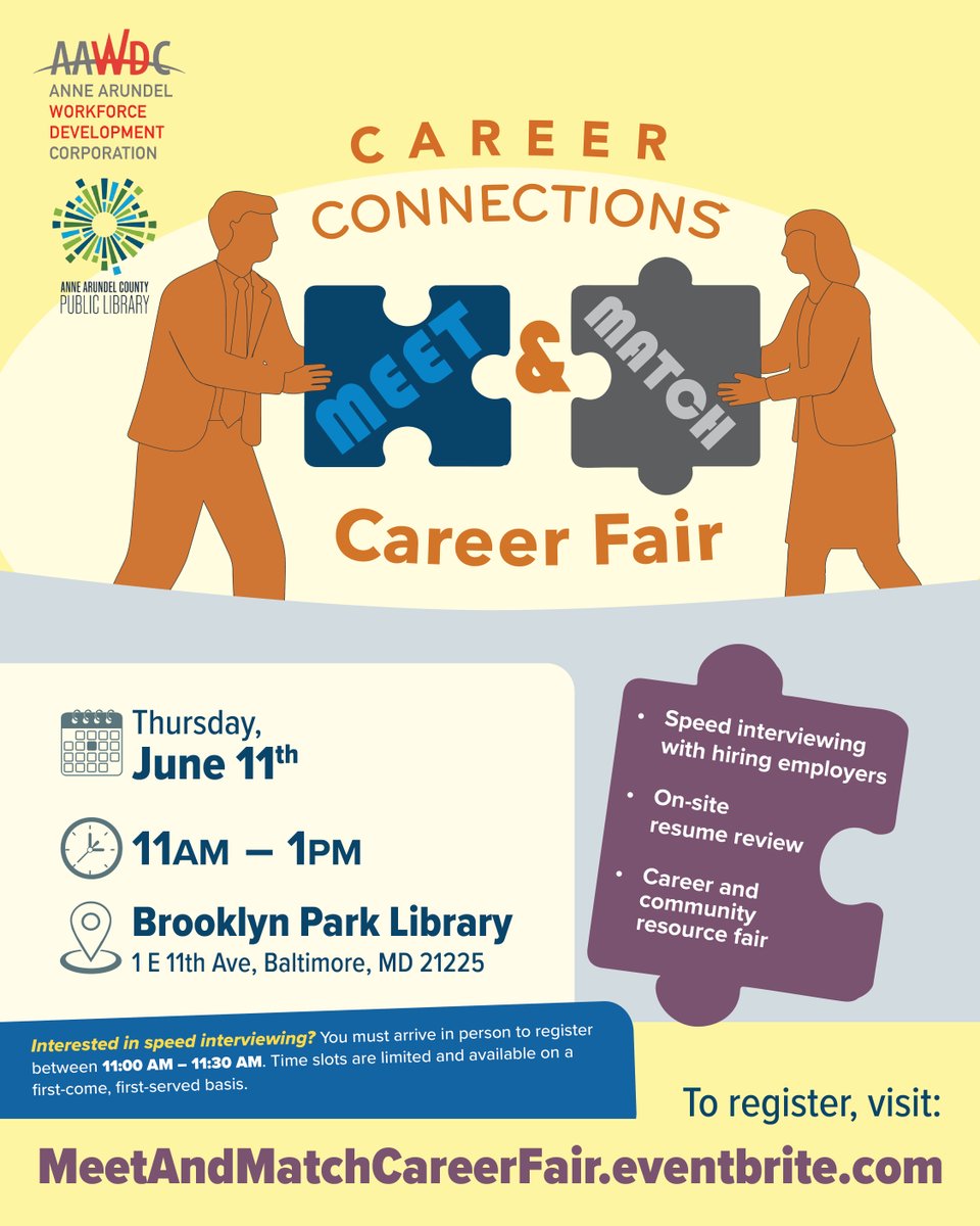 aaworkforce's tweet photo. On June 11, participate in a unique career fair at the Brooklyn Park Library from 11 AM - 1 PM! Learn more and register at https://t.co/DraTMw4VCM.

#AAWDC #WorkforceDevelopment #NowHiring #HiringEvent #CareerFair #Interview #ResumeReview #CareerSuccess https://t.co/74e1rtY2j7