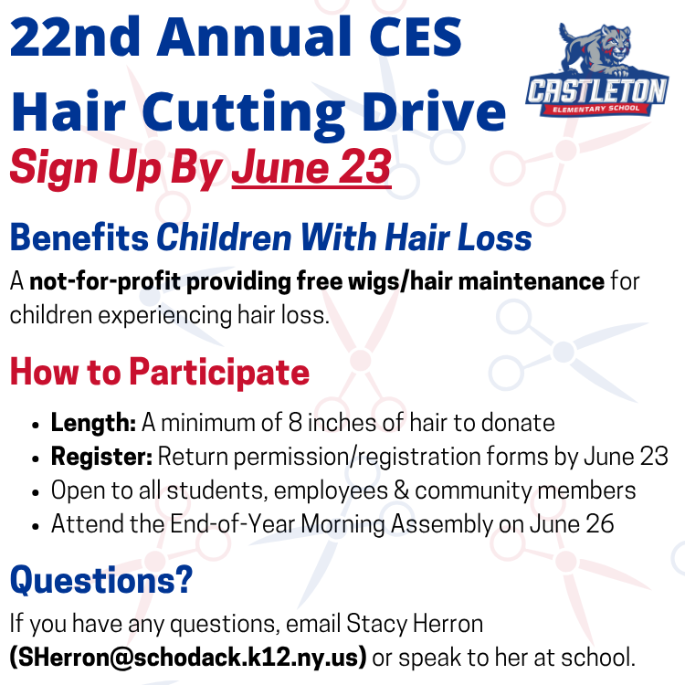 CastletonES's tweet photo. Friday, June 26, in the CES Large Gym is our end-of-year tradition benefiting @cwhl_org! Open to all @SchodackCSD students, staff &amp; community members. If you've got @ least 8 inches of hair &amp; want to donate, find everything you need on our site @ https://t.co/RHPKcXLeju https://t.co/FCaI1qLzkY