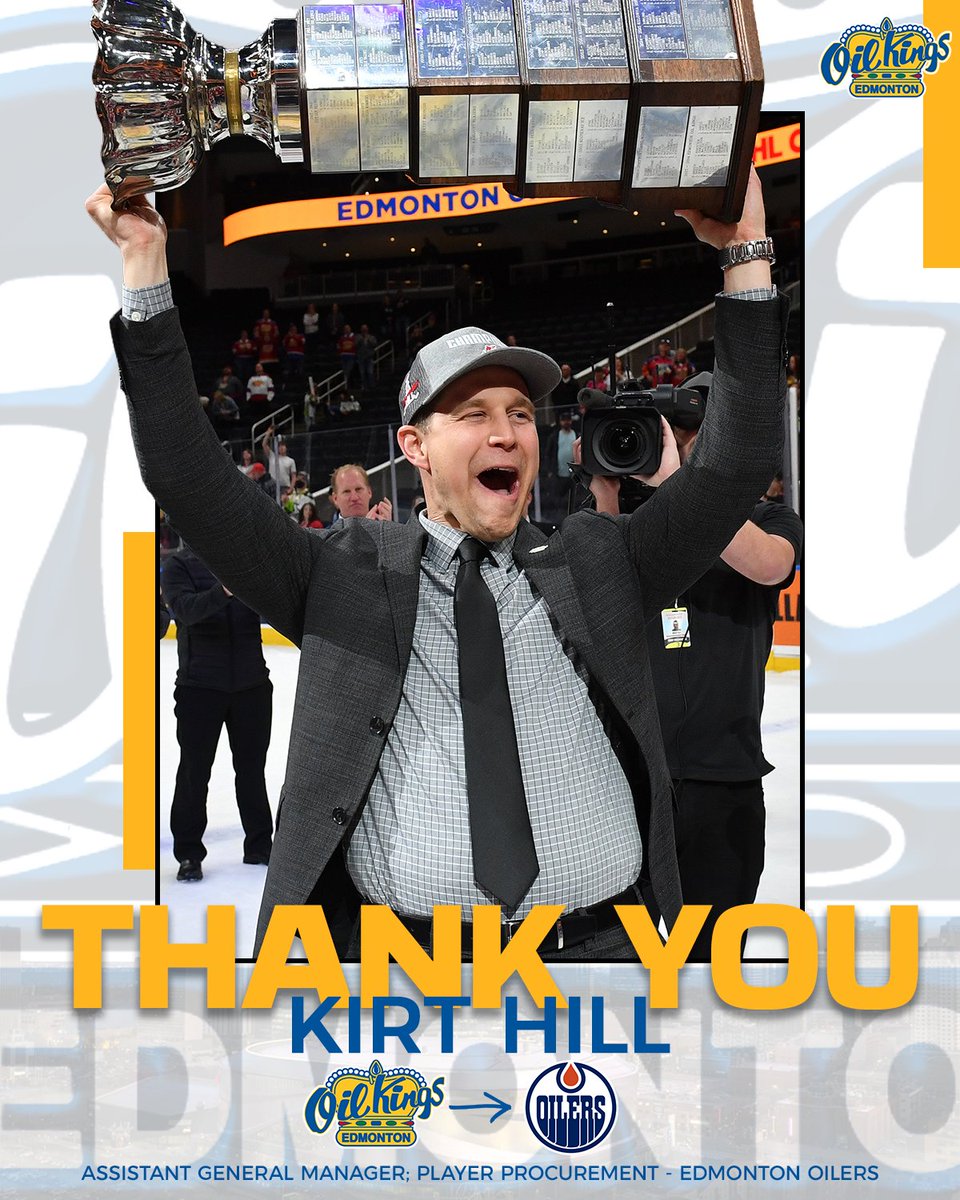 EdmOilKings's tweet photo. MOVING UP! ⬆️

Oil Kings General Manager Kirt Hill has accepted a position with the @EdmontonOilers as Assistant General Manager of Player Procurement, as announced today. 🟠🔵

Kirt has spent the past 8 seasons serving as the Oil Kings General Manager and President of Hockey Operations highlighted with a WHL Championship in 2022. The Oil Kings would like to congratulate Kirt on his new position and thank him for his time with the club! 👑