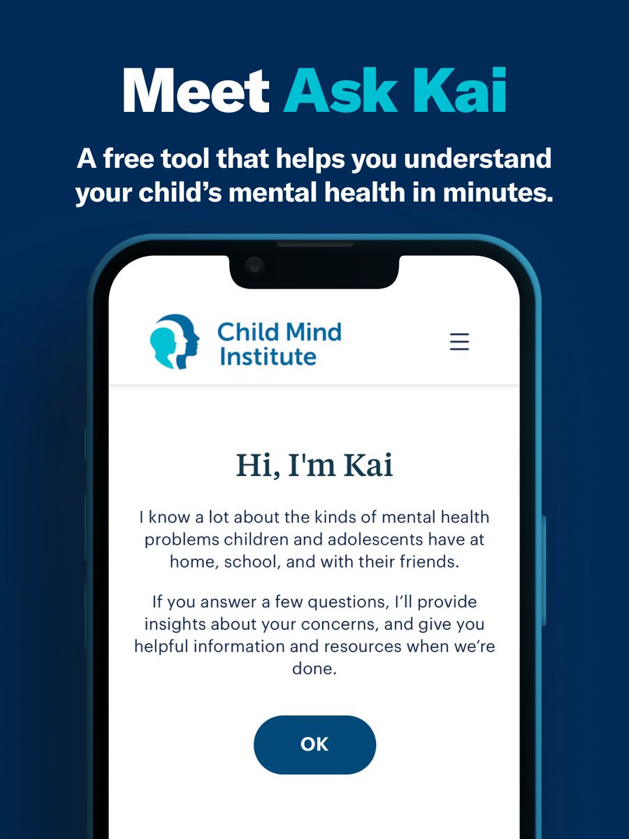 childmindinst's tweet photo. When your child is struggling, just figuring out where to start can feel impossible. Many families don't know what they're looking at, and the wait to see a specialist can stretch months. Sometimes years.

Meet Ask Kai.

A free, conversational symptom checker built specifically for children's mental health. Built with clinical guidance and insights from thousands of children's mental health evaluations. Ask Kai helps you:

- Understand whether what you're seeing lines up with common mental health challenges
- Learn what to look for and what questions to ask
- Find evidence-based resources matched to your child
- Know when and how to seek more support

Think of it as a knowledgeable first step. It meets your family where you are and points you toward your next best move. Free for every family. Available in English and Spanish.

Try Ask Kai now: https://t.co/UOR3eYWc7w