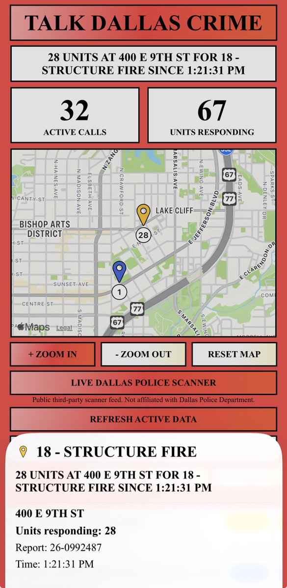 DallasCrimeApp's tweet photo. 28 UNITS AT 400 E 9TH ST FOR 18 - STRUCTURE FIRE SINCE 1:21:31 PM
#dallas #dallasnews https://t.co/UMP6jTVQID