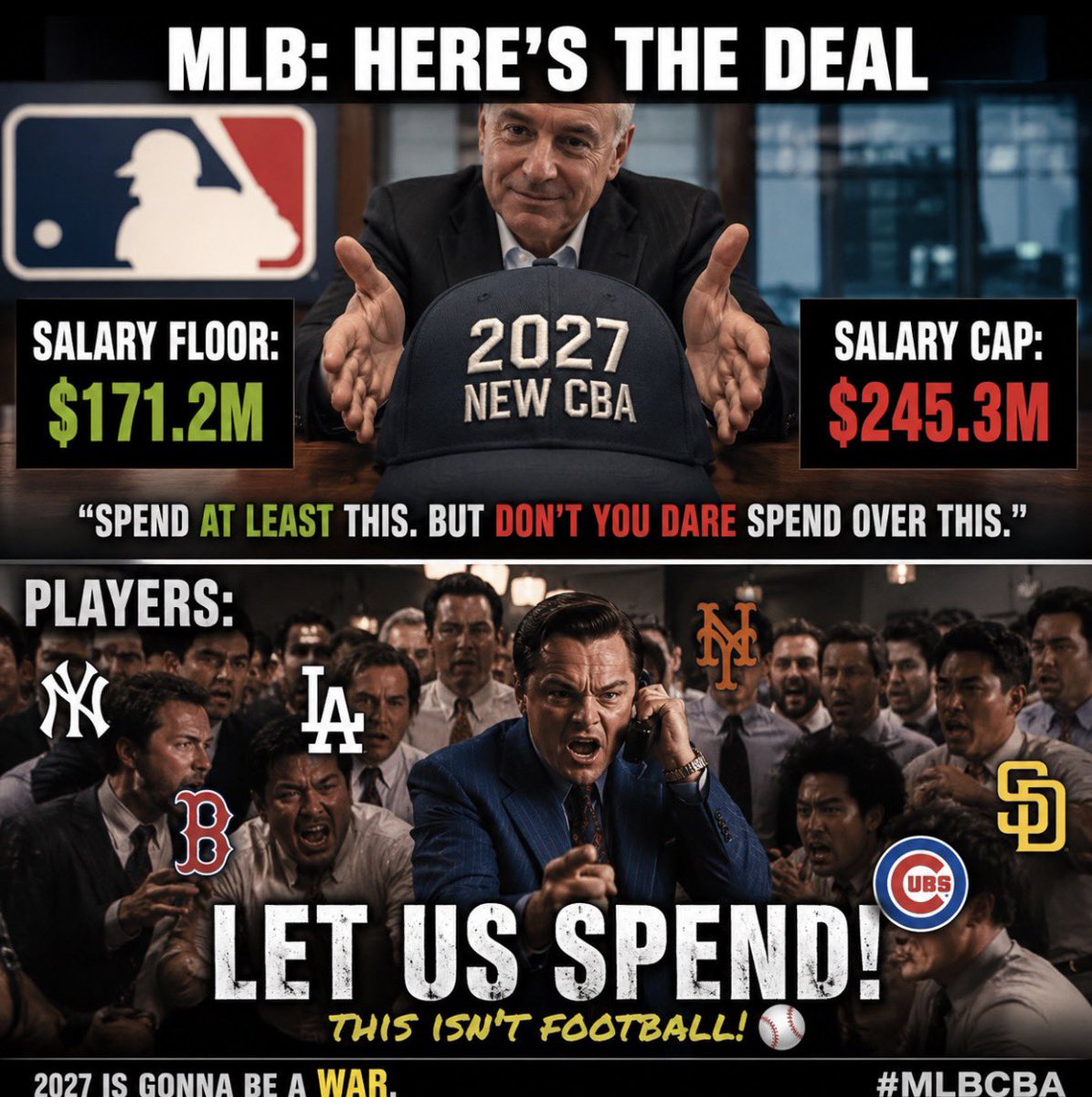 Referee583's tweet photo. @FoulTerritoryTV @JesseRogersESPN MLB really looked at the players and said:

“Here’s your salary floor… and here’s your hard cap. Good luck.”

$171.2M floor
$245.3M ceiling

2027 is gonna be an absolute war. Owners basically trying to NFL the sport overnight. ⚾💰 #RepBx  #MLBPA #FtFam #Referee583 #LOCKOUT https://t.co/AEP4hwk80G