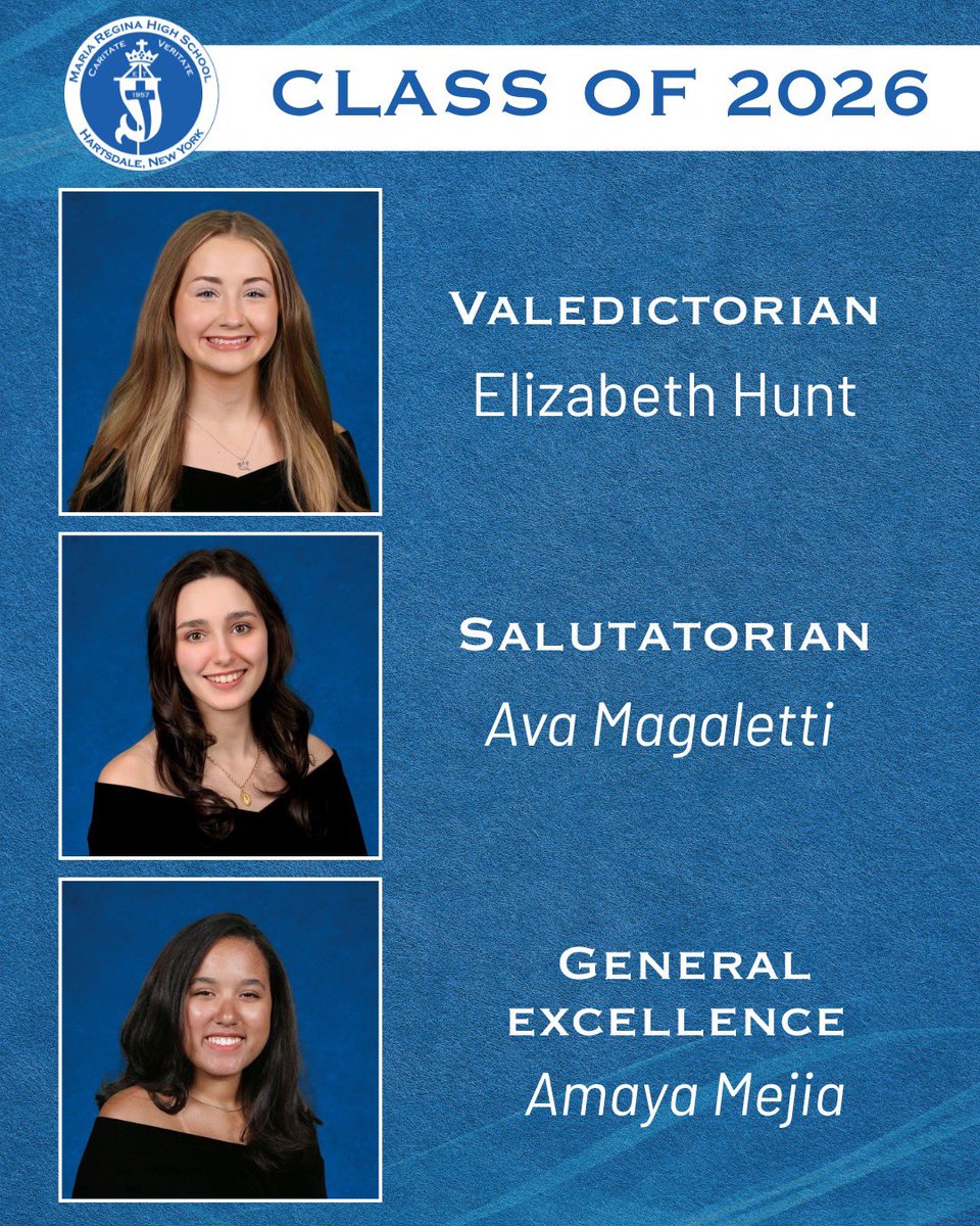 MariaReginaHS's tweet photo. MRHS is proud to announce the Class of 2026’s Valedictorian, Salutatorian, and General Excellence Recipient! These outstanding Tigers exemplify academic excellence, leadership, and a commitment to living out a life of Service. https://t.co/dnZ8EaAGFP