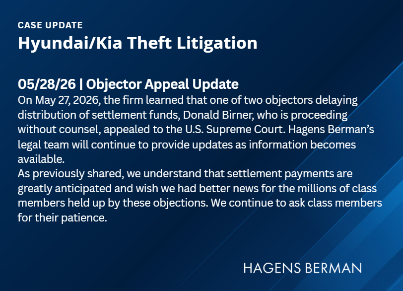 ClassActionLaw's tweet photo. 📢 #Hyundai / #Kia Theft Litigation: Objector Appeal Update
---
❓ Questions about your claim? Contact the settlement administrator via the settlement website
Hyundai https://t.co/JjBQ0meksl
Kia https://t.co/gW1unpF8oN
📧  Contact Hagens Berman's legal team at hktheft@hbsslaw.com https://t.co/WhIOiAbj4V
