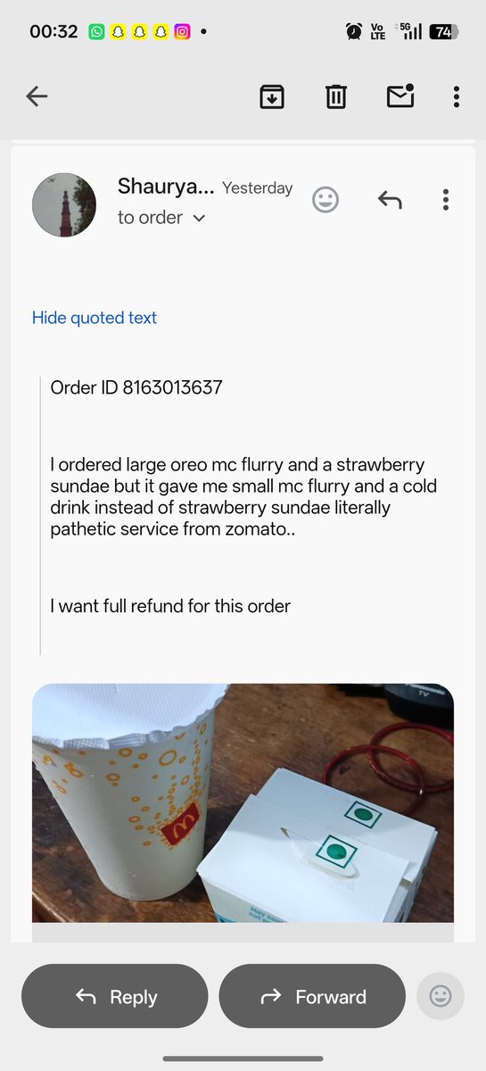 ShauryaKumar_29's tweet photo. I have already emailed @zomato regarding this issue, but there has been no response or resolution so far. "I request a full refund for this incorrect order" and expect better customer service from both Zomato and McDonald’s. Kindly look into this matter at the earliest. https://t.co/qEf7ublHPO