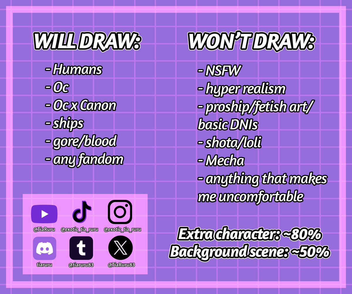 TiaRuru83's tweet photo. New and updated Commission Sheet!
More details are on my Ko-Fi page

https://t.co/uB3FV6lRgV

#Commissions #ArtCommissions #CommissionSheet #CommissionsOpen #ArtCommission https://t.co/cZ5R5b80Ci