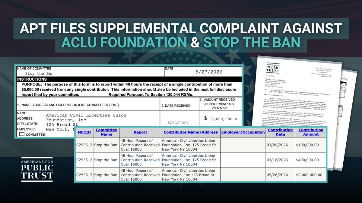 apublictrust's tweet photo. Yesterday, APT filed a complaint alleging the ACLU Foundation gave foreign money to Stop the Ban in violation of Missouri’s new law banning foreign money in ballot measures.

Since then, ACLU Foundation funneled another $2 million into Missouri. Today, we filed a supplemental complaint highlighting this new money flow.